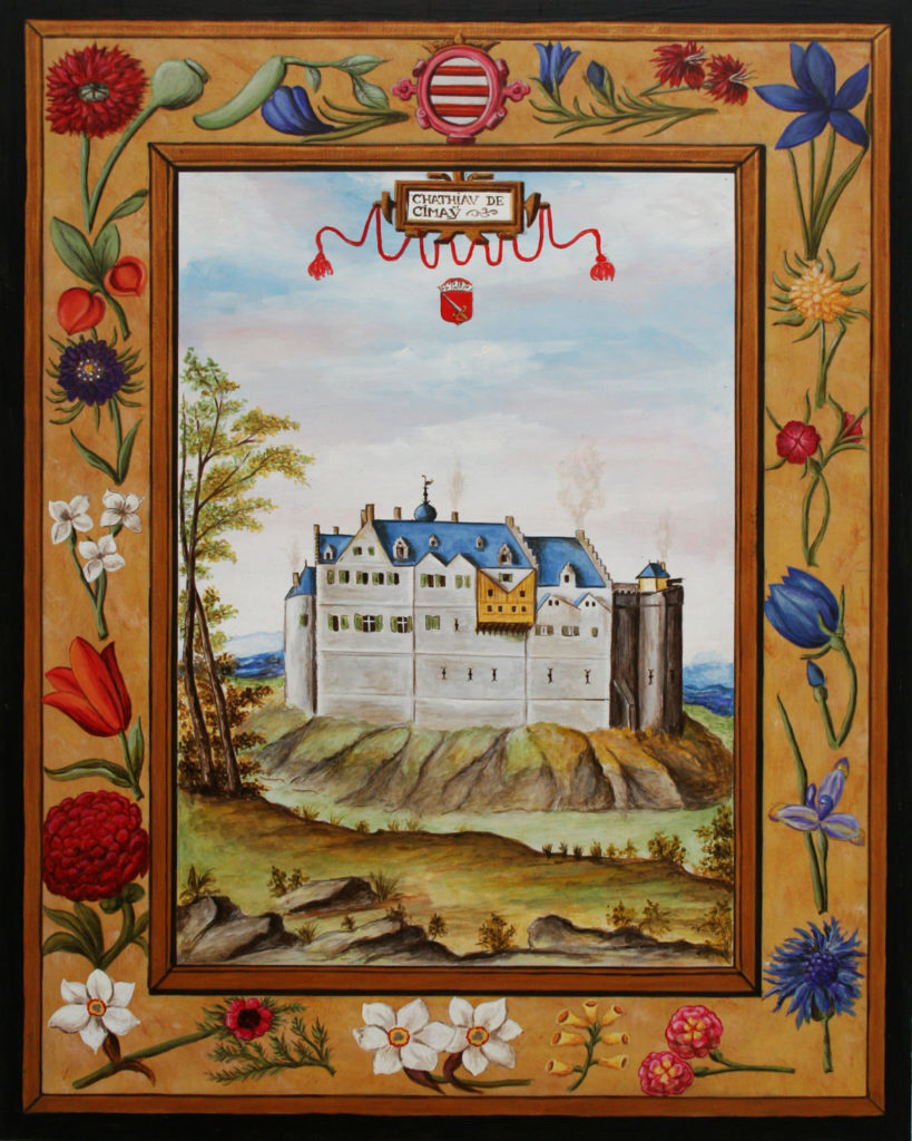 Vue ancienne en miniature de Croÿ de la ville de Chimay et le Château, en Belgique.